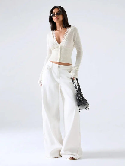 Women's Autumn Lace Trim V-Neck Knit Cardigan🔥