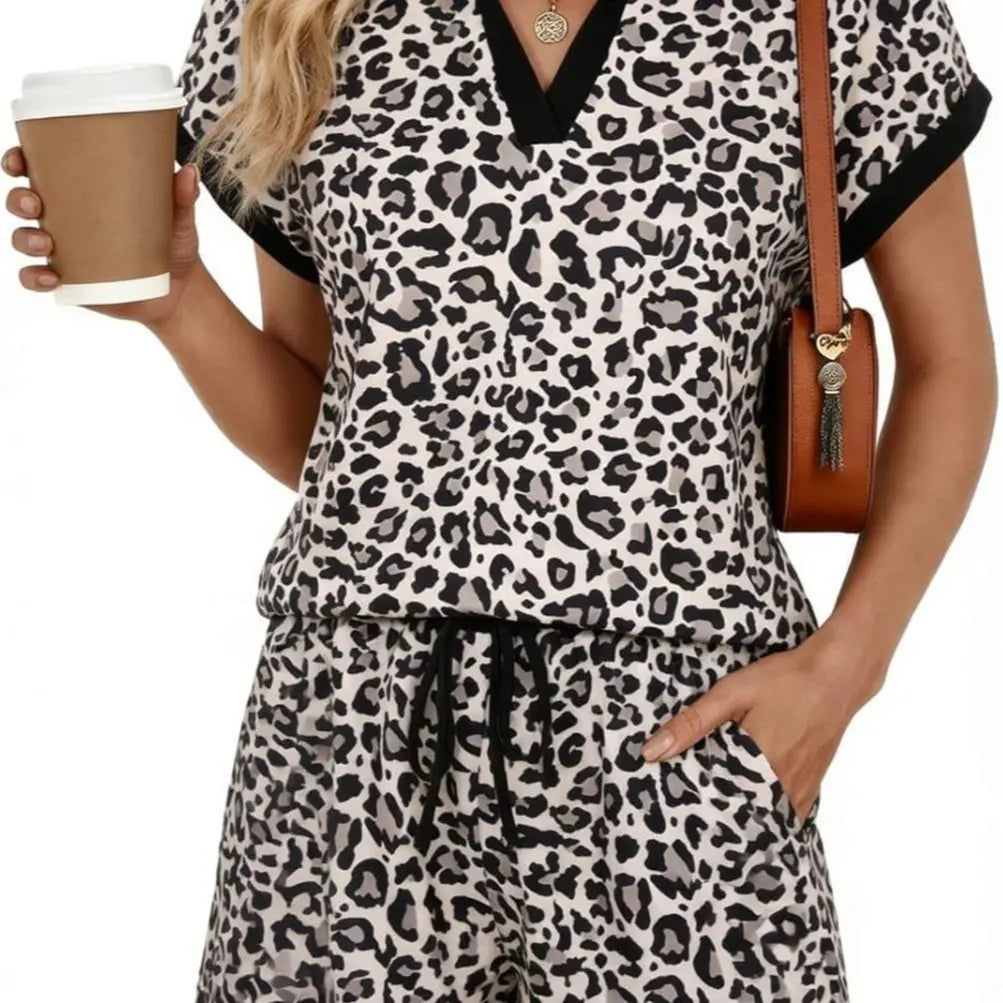 Women's Short Sleeve V-Neck Collared Top and Drawstring Shorts Set(Buy 2 Free Shipping)