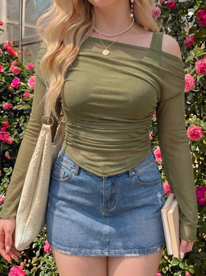 Ruched Sheer Mesh Off-Shoulder Top