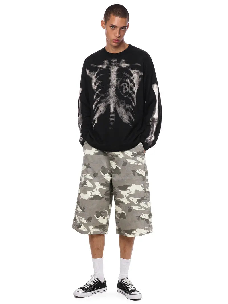 Skull Print Waffle Long Sleeve Top, Y2K Vintage Loose Streetwear Pullover