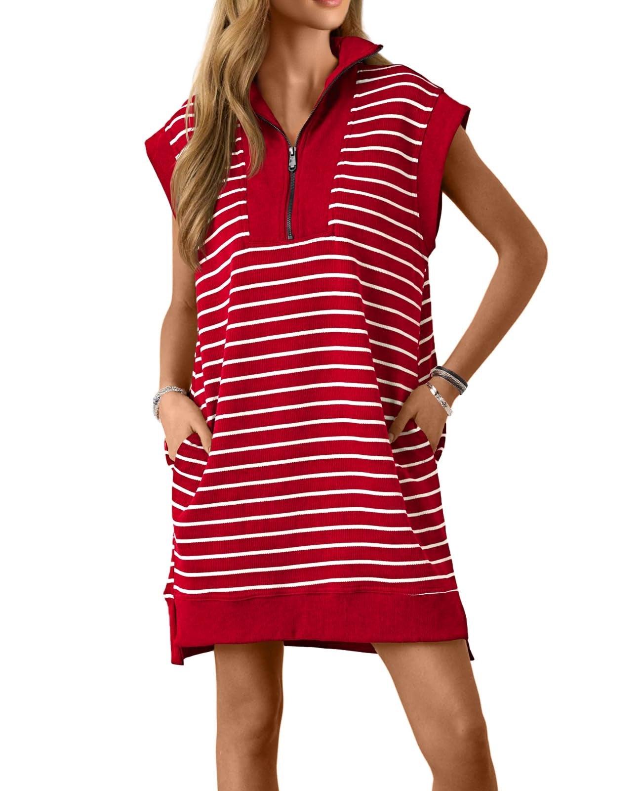🔥Hot Sale 49% Off-Women's Striped Casual Zipper Cap Sleeve Mini Dress