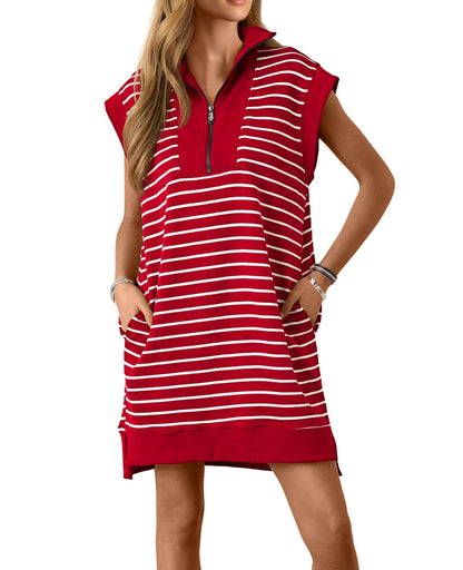 🔥Hot Sale 49% Off-Women's Striped Casual Zipper Cap Sleeve Mini Dress