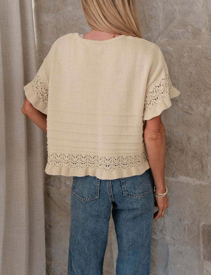 HOT SALE Women's Round Neck Ruffled Hem Knit Pullover Top