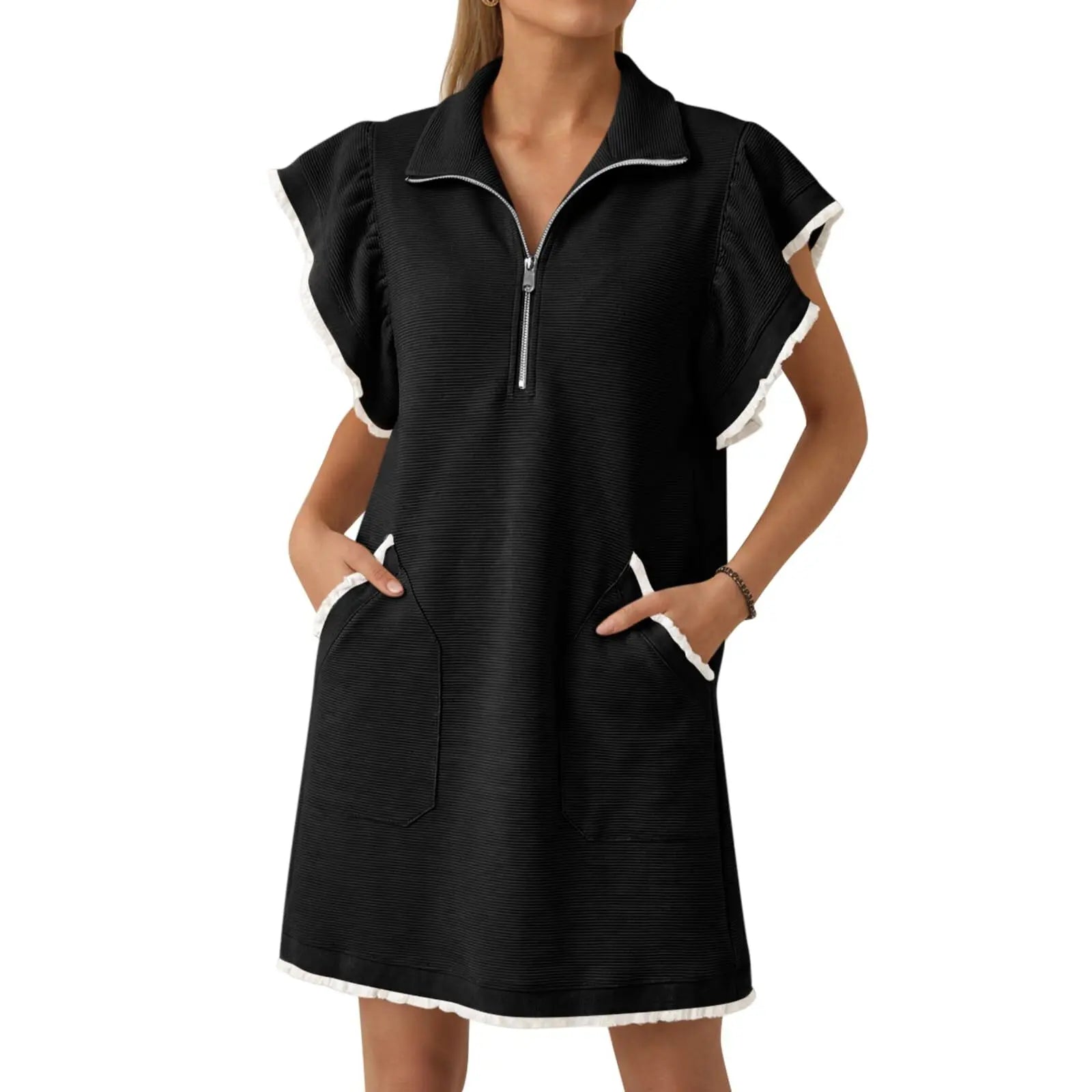 Womens Ruffle Sleeve Sweatshirt Dress Summer Oversized Zipper V Neck Mini Dresses
