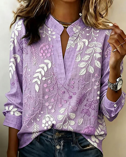 Vintage Botanical Leaf Print Notch Collar Long Sleeve Blouse