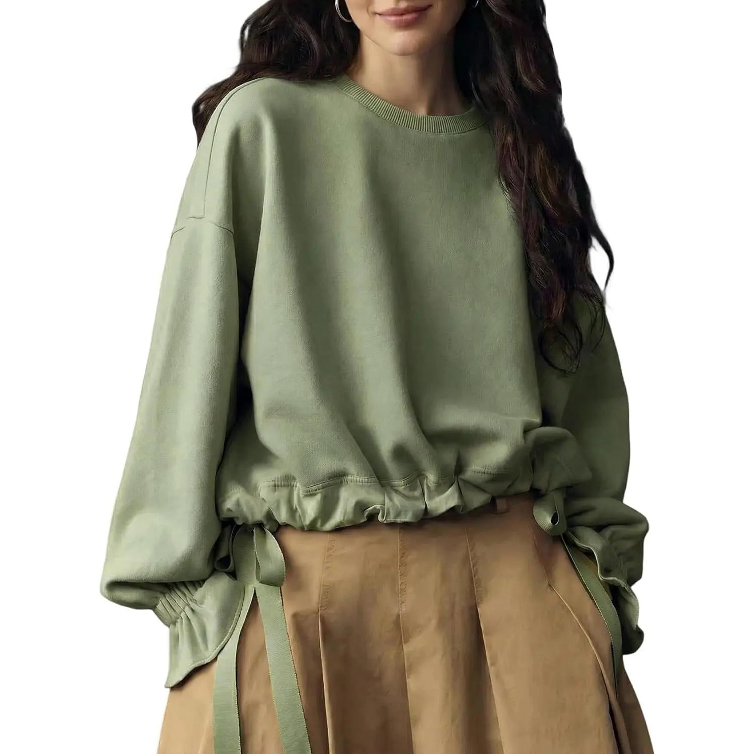 Women Oversized Crew Neck Drawstring Ruffle Hem Long Sleeve Blouse