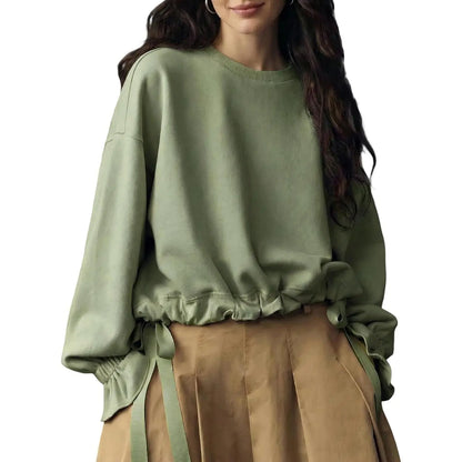 Women Oversized Crew Neck Drawstring Ruffle Hem Long Sleeve Blouse