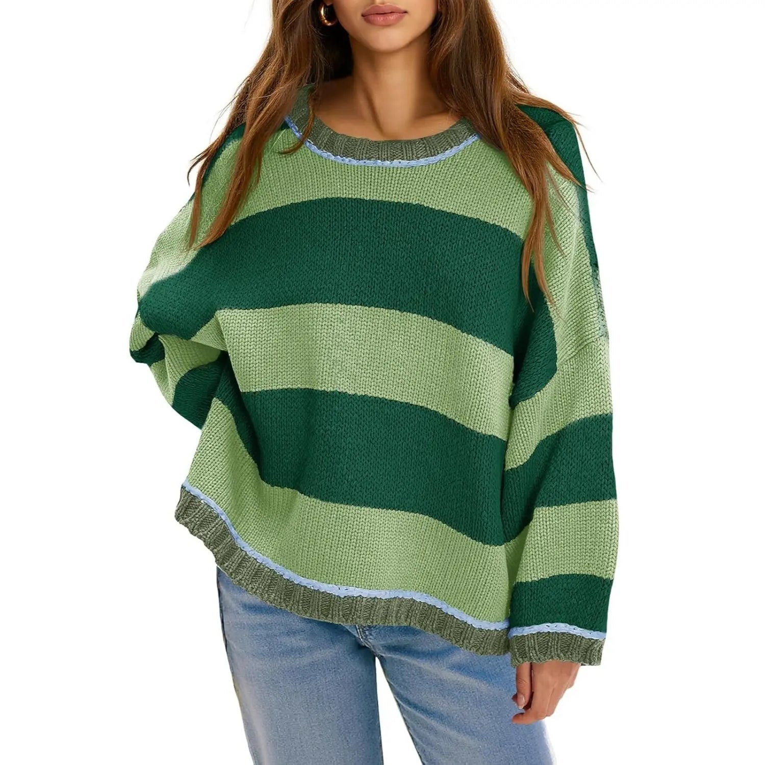 Oversized Round Neck Color Block Stripe Knit Sweater