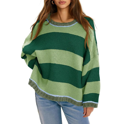 Oversized Round Neck Color Block Stripe Knit Sweater