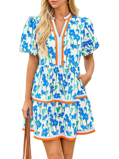 2026 Women's V Neck Floral Dress Short Puff Sleeve Boho Dresses