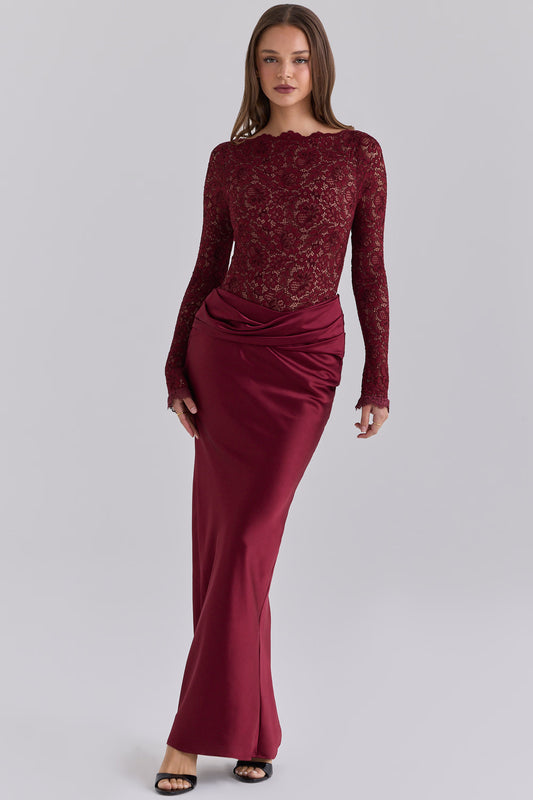 Cabernet Lace Satin One Piece Long Dress