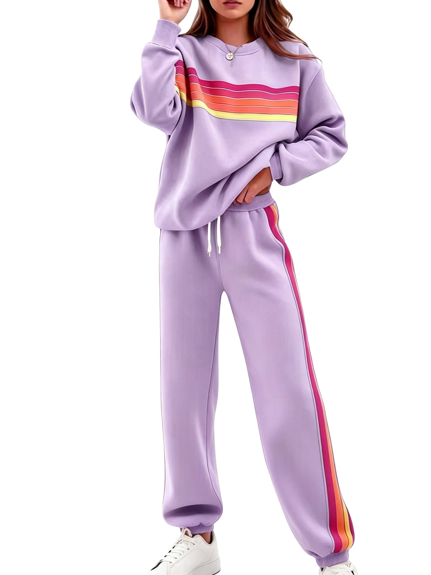 Women Retro Rainbow Stripe 2 Piece Sweat Loungewear Set