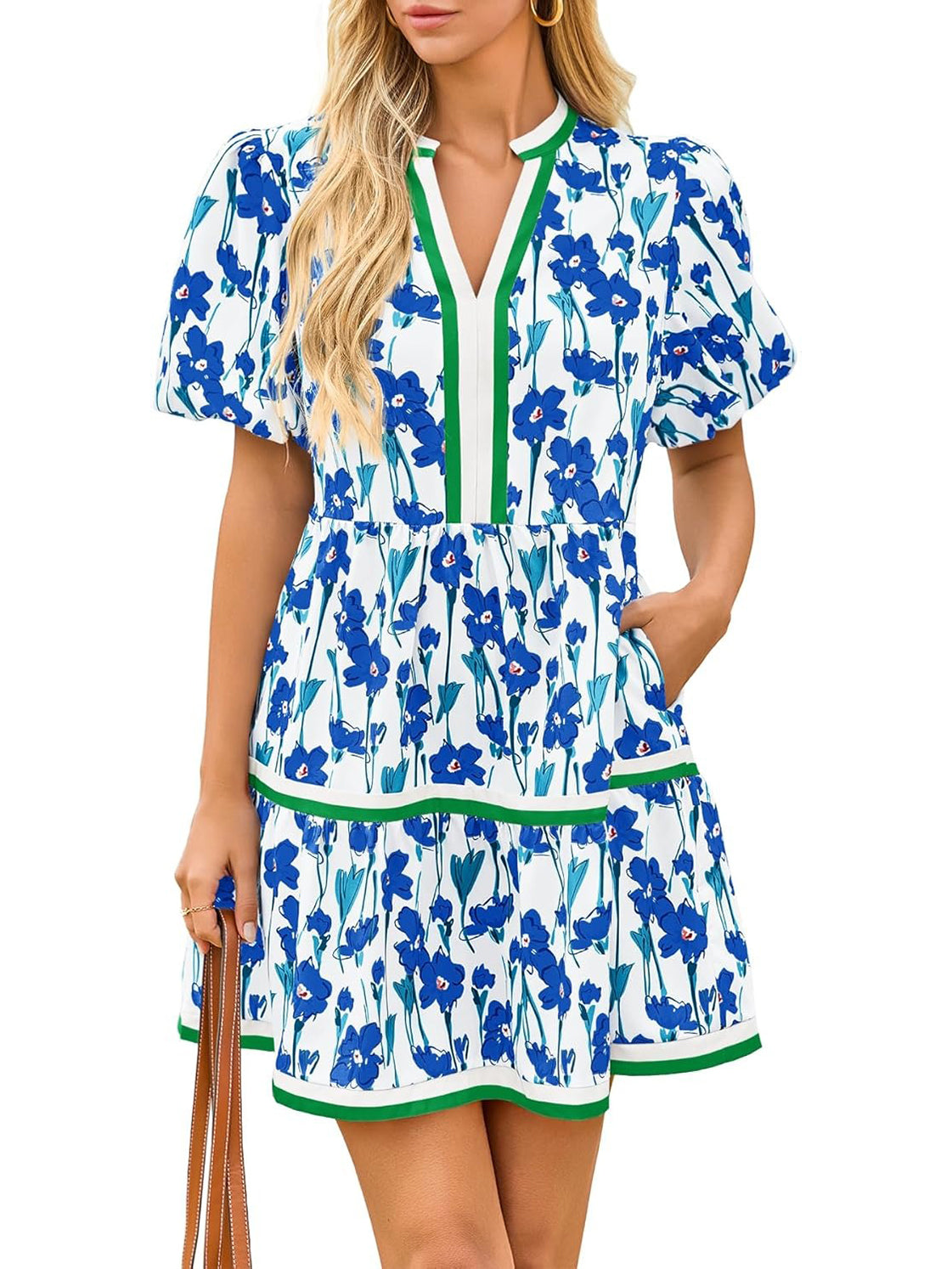 2026 Women's V Neck Floral Dress Short Puff Sleeve Boho Dresses