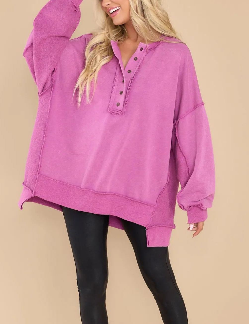 Women's Oversized Casual Buttoned Henley Sweatshirt (Buy 2 Free Shipping)