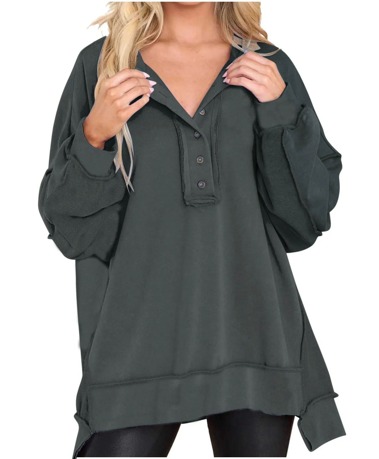 Women's Oversized Casual Buttoned Henley Sweatshirt (Buy 2 Free Shipping)