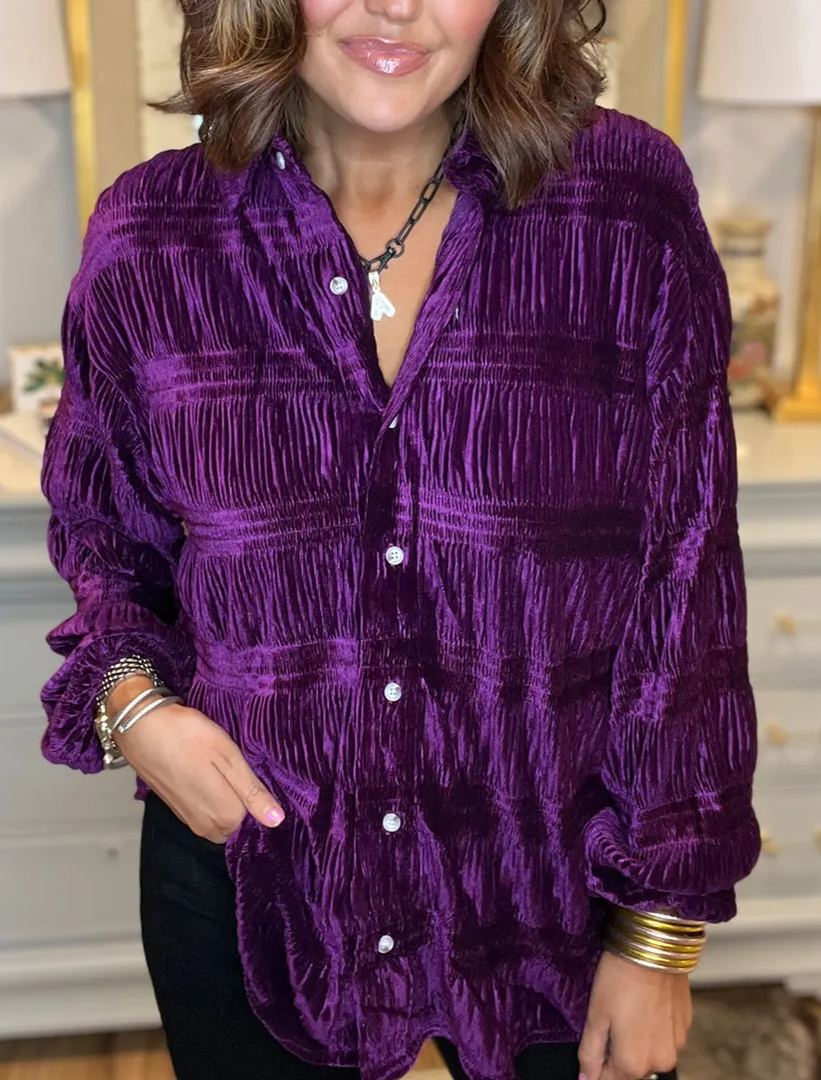 Women's Shirred Velvet Button Down Top (Buy 2 Free Shipping)