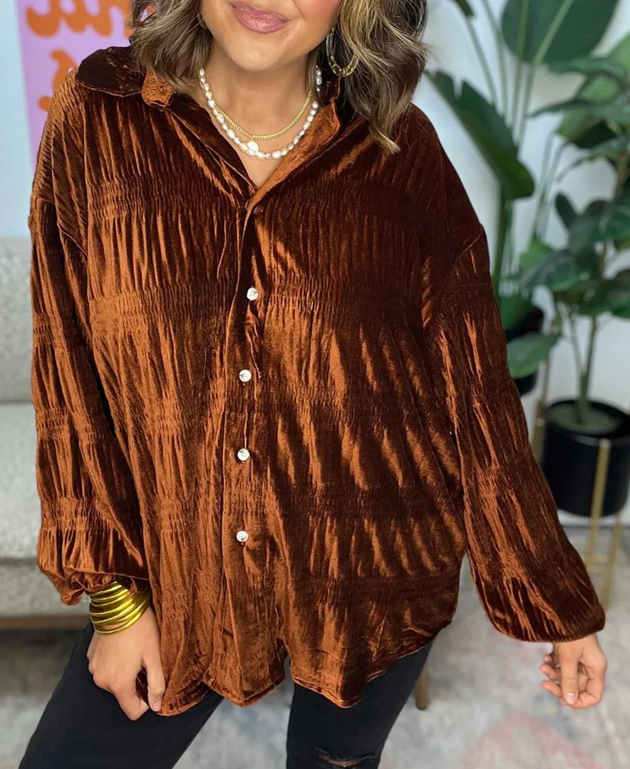 Women's Shirred Velvet Button Down Top (Buy 2 Free Shipping)