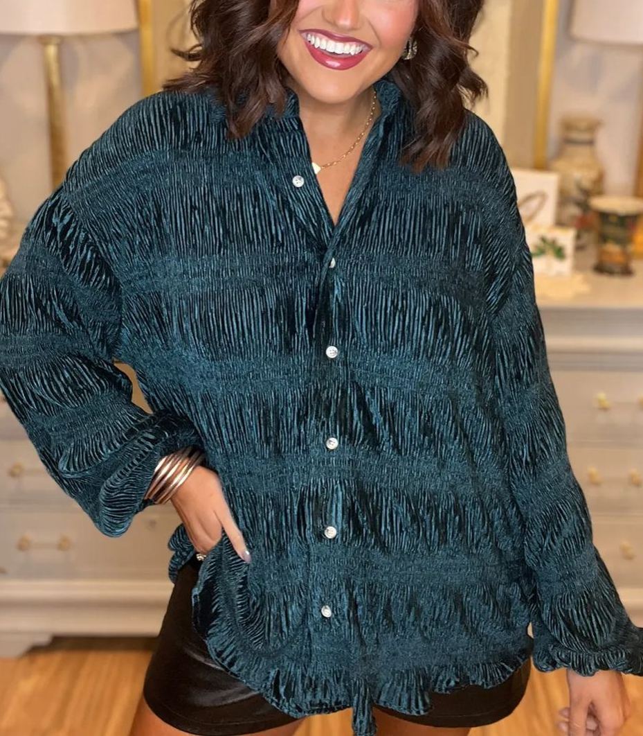 Women's Shirred Velvet Button Down Top (Buy 2 Free Shipping)