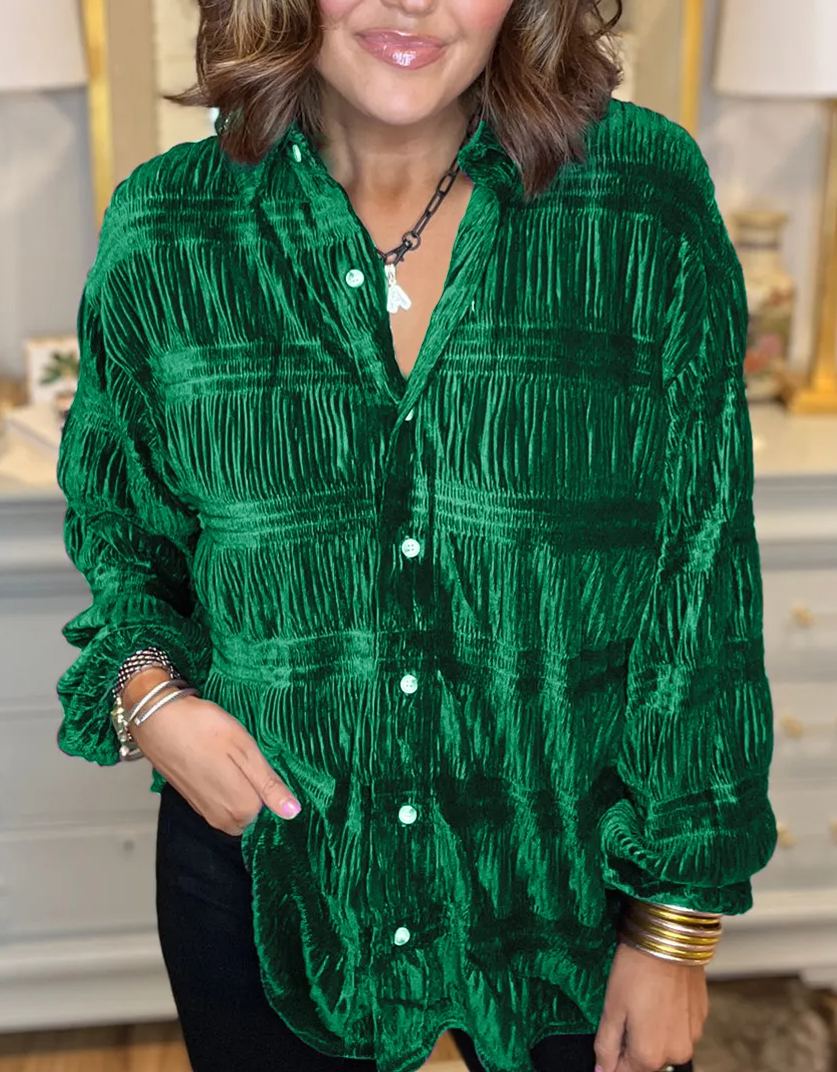Women's Shirred Velvet Button Down Top (Buy 2 Free Shipping)