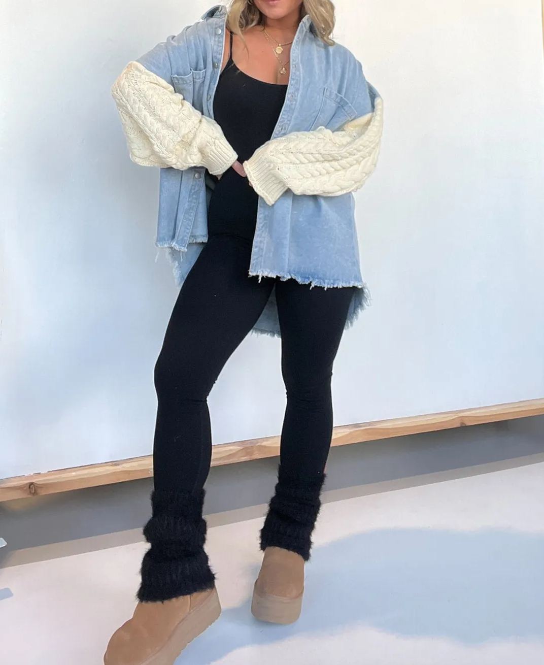 Cozy Sweater Sleeve Denim Shacket (Buy 2 Free Shipping)