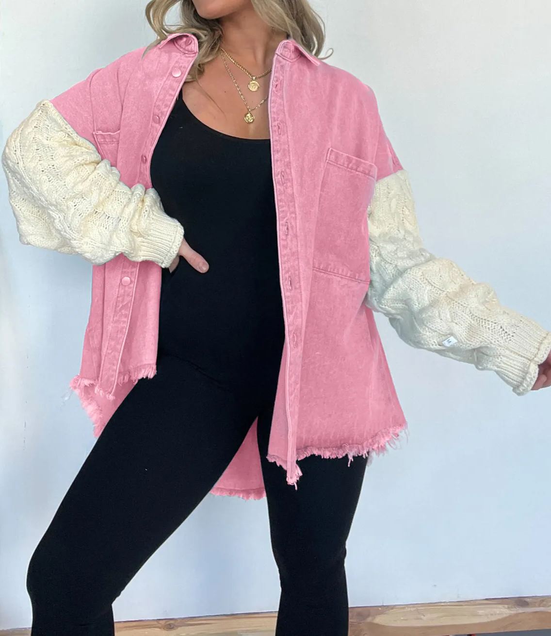 🔥🔥🔥🔥Cozy Sweater Sleeve Denim Shacket (Buy 2 Free Shipping)