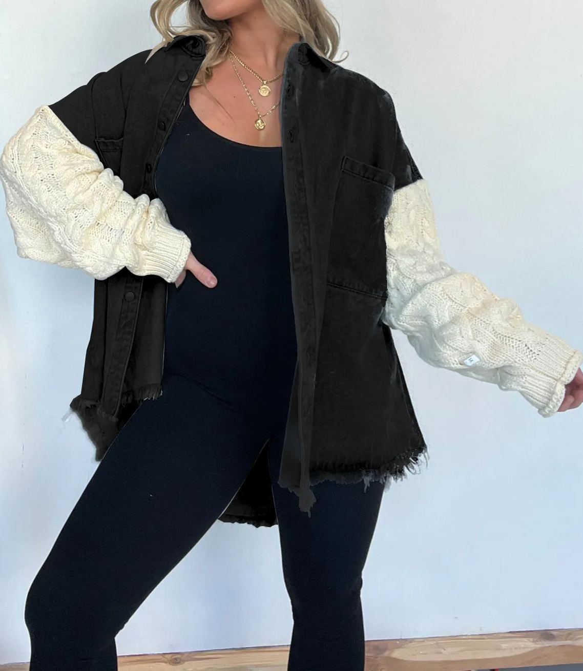 Cozy Sweater Sleeve Denim Shacket (Buy 2 Free Shipping)