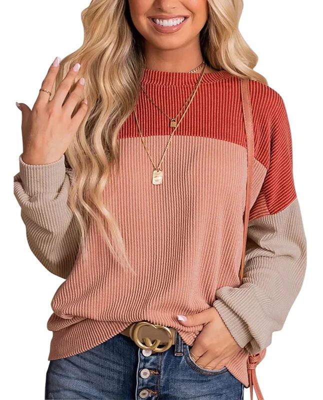 Women's Crewneck Color Block Ribbed Tops (Buy 2 Free Shipping)