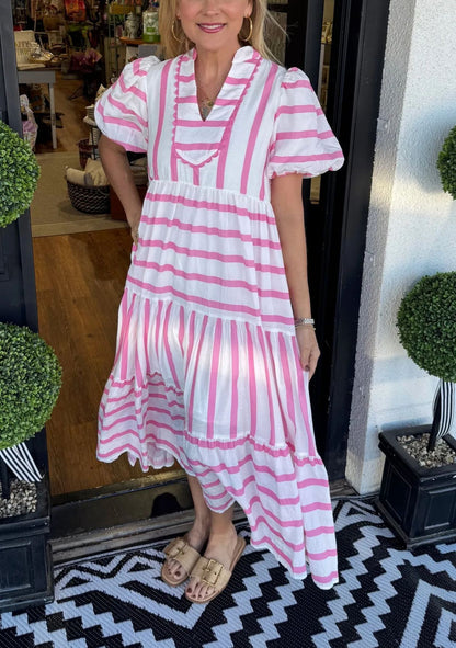 Women's Striped V-neck Dress with Puffy Sleeves（Buy 2 Free Shipping）