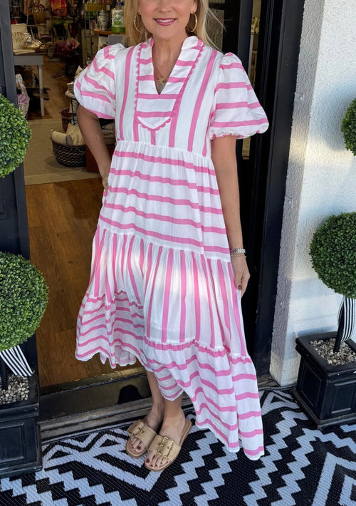Women's Striped V-neck Dress with Puffy Sleeves（Buy 2 Free Shipping）
