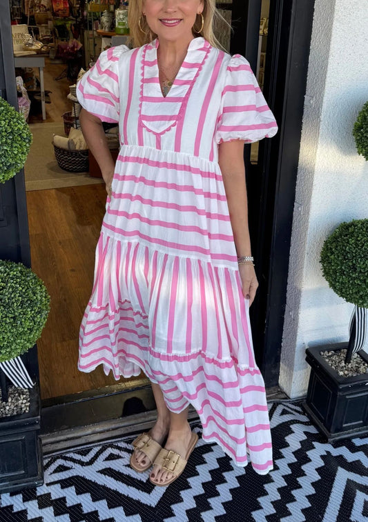 Women's Striped V-neck Dress with Puffy Sleeves（Buy 2 Free Shipping）