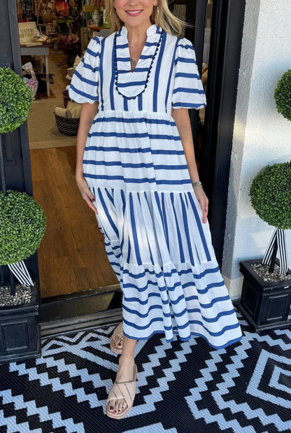 Women's Striped V-neck Dress with Puffy Sleeves（Buy 2 Free Shipping）