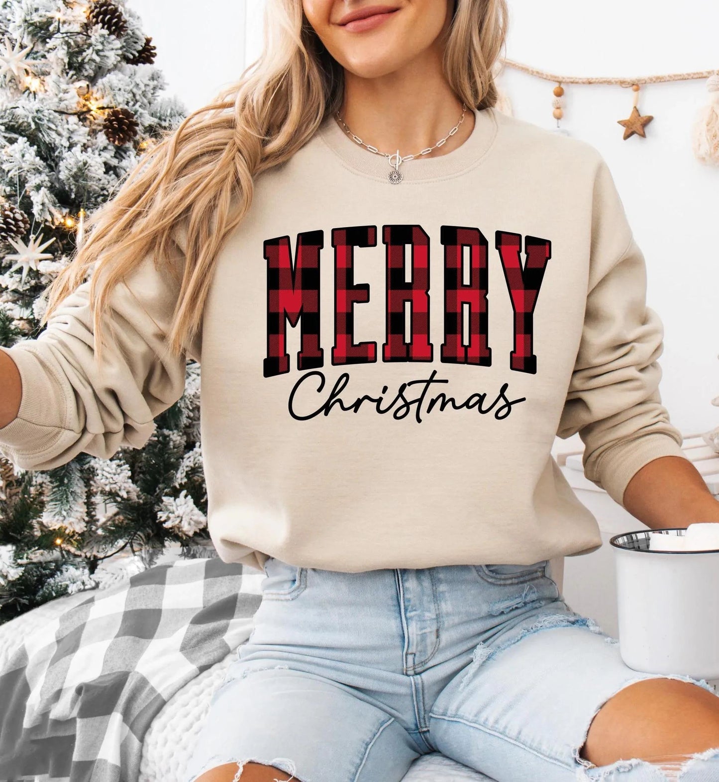 “Merry Christmas” Plaid Graphic Sweatshirt (Buy 2 Free Shipping)