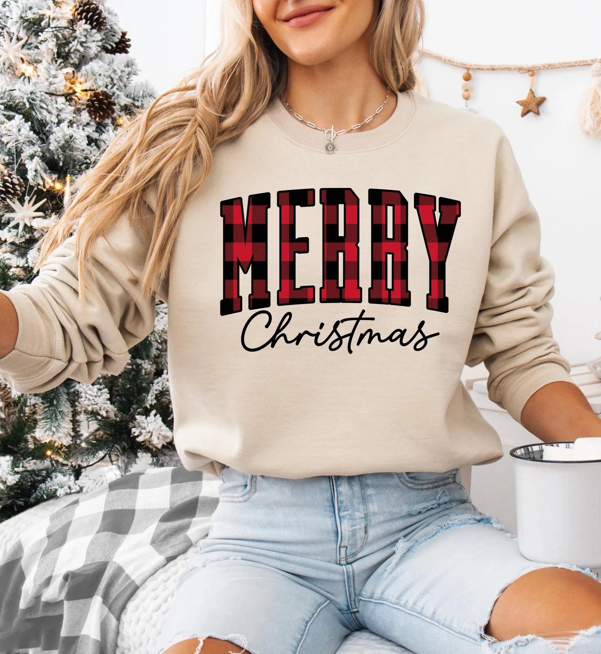 “Merry Christmasâ€?Plaid Graphic Sweatshirt (Buy 2 Free Shipping)