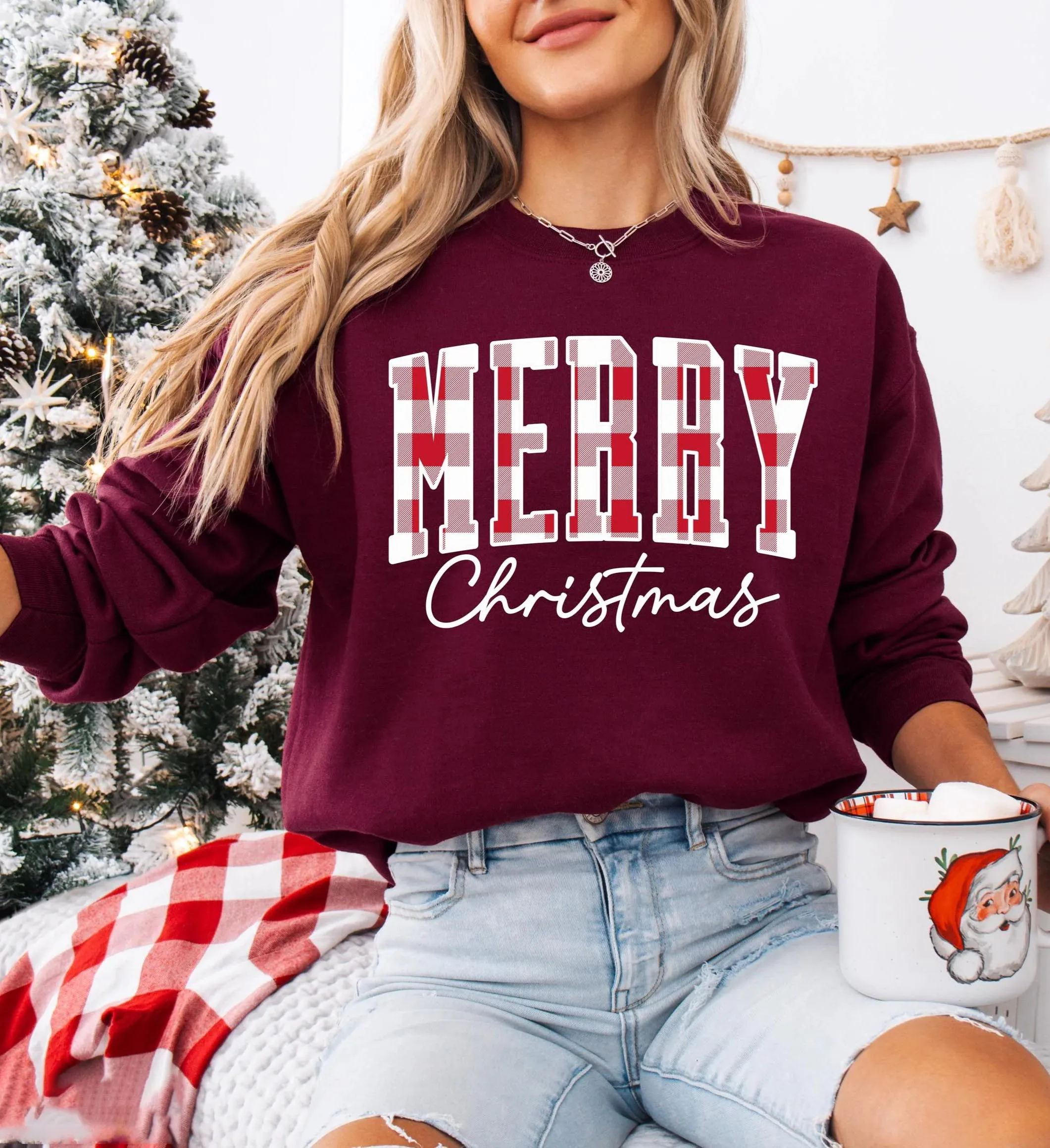 “Merry Christmas” Plaid Graphic Sweatshirt (Buy 2 Free Shipping)