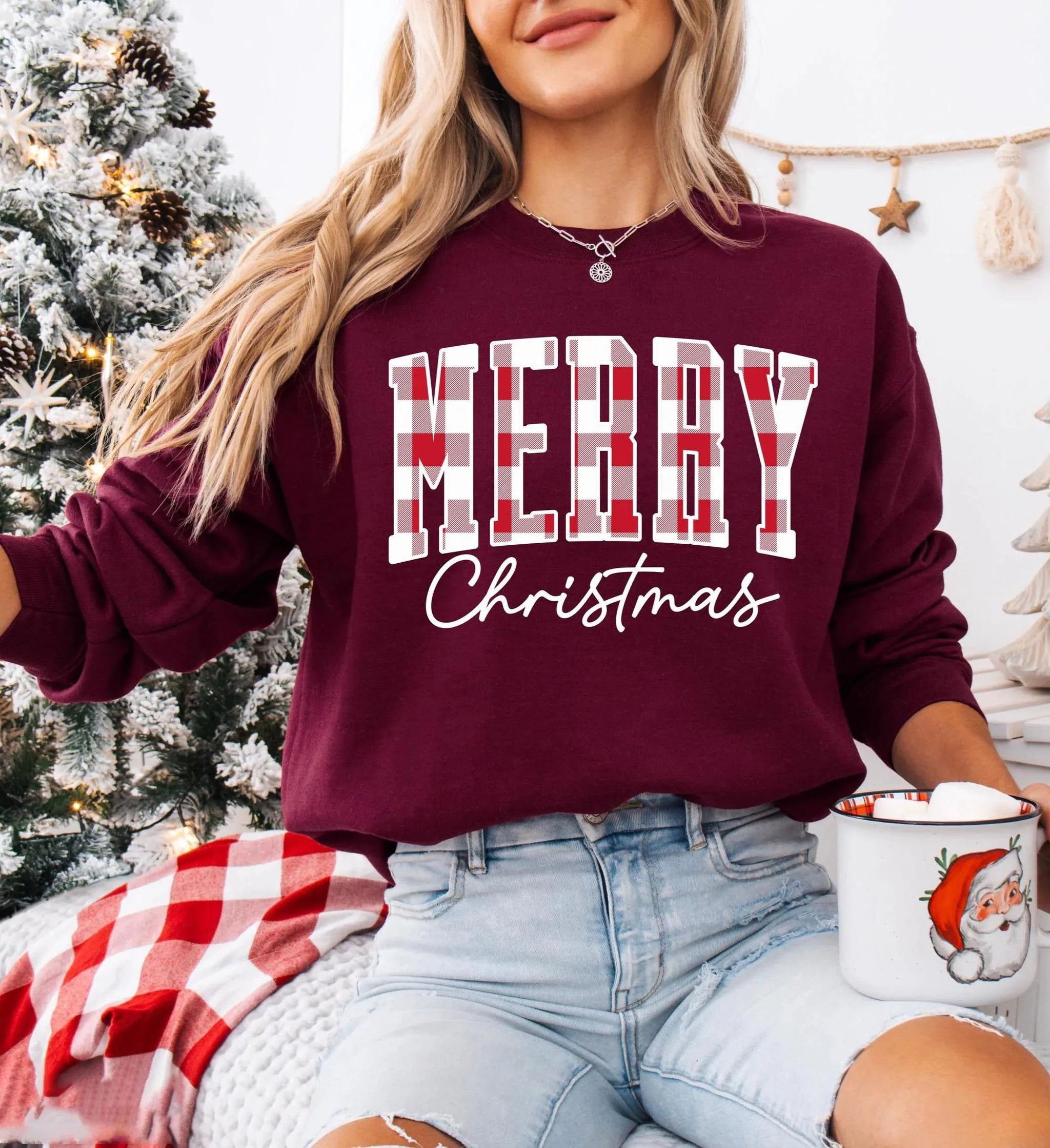 “Merry Christmasâ€?Plaid Graphic Sweatshirt (Buy 2 Free Shipping)