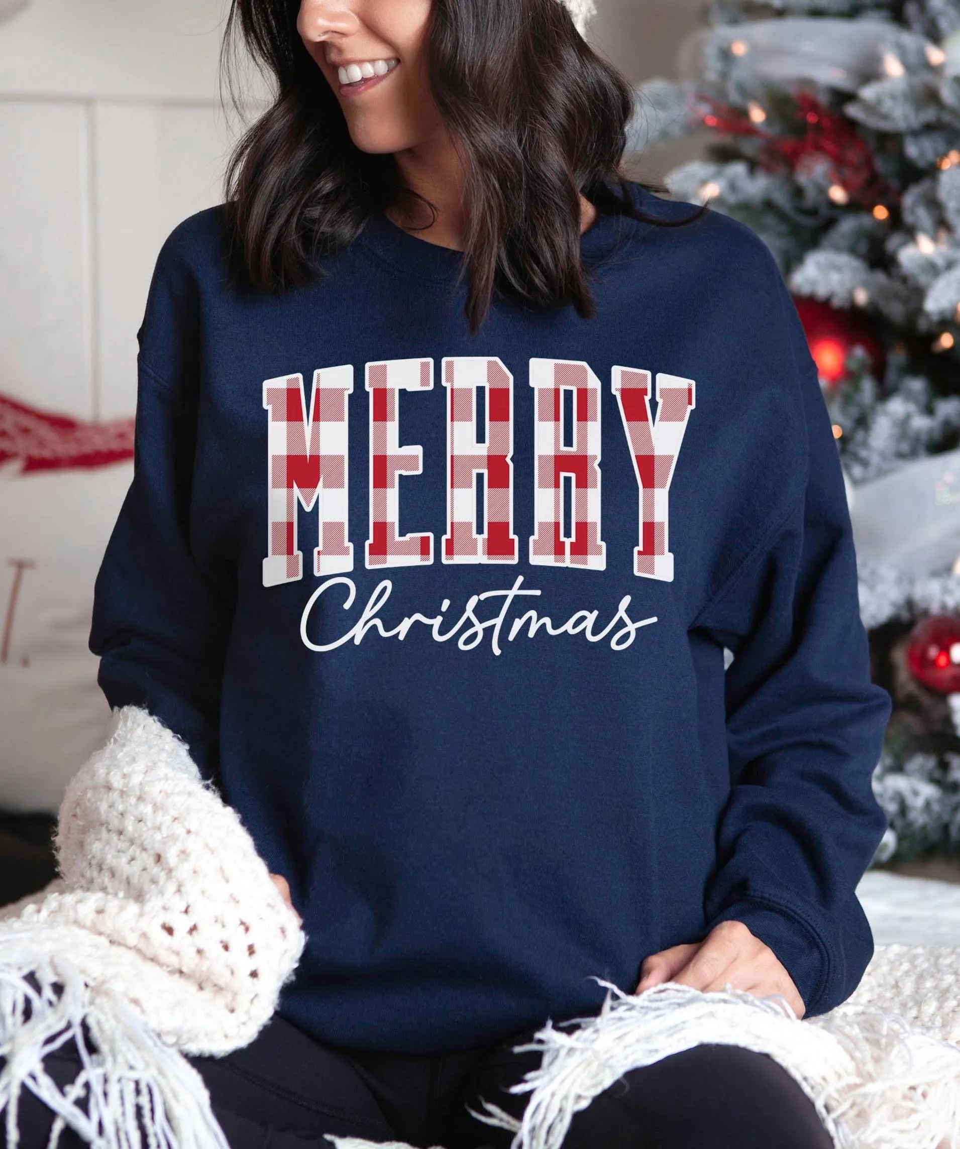 “Merry Christmas” Plaid Graphic Sweatshirt (Buy 2 Free Shipping)