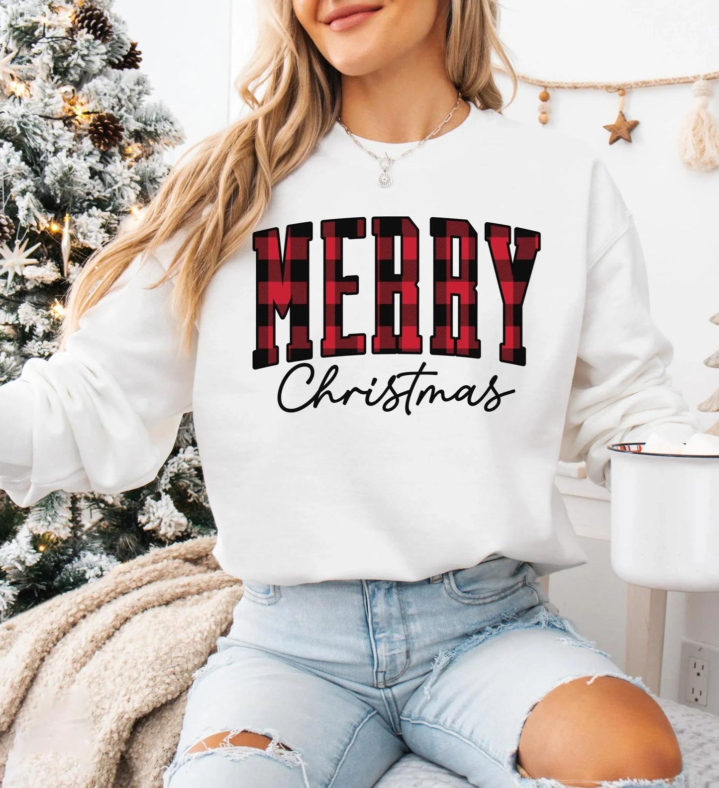 “Merry Christmasâ€?Plaid Graphic Sweatshirt (Buy 2 Free Shipping)