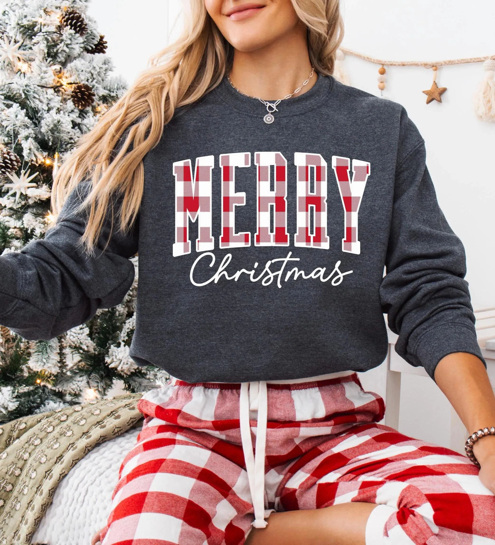 “Merry Christmas” Plaid Graphic Sweatshirt (Buy 2 Free Shipping)