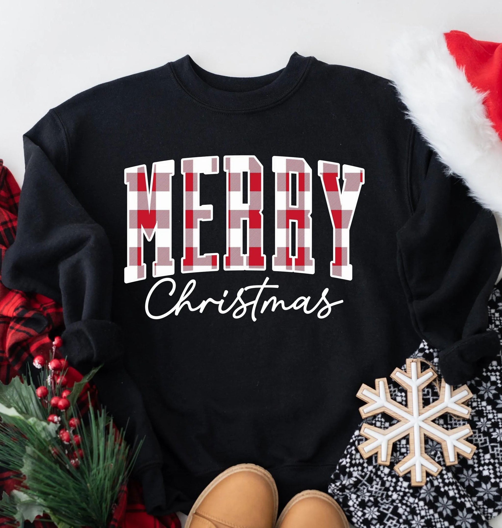 “Merry Christmas” Plaid Graphic Sweatshirt (Buy 2 Free Shipping)