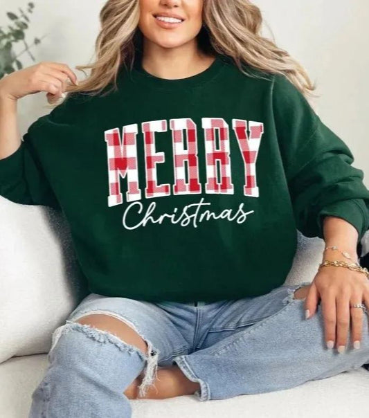 “Merry Christmas” Plaid Graphic Sweatshirt (Buy 2 Free Shipping)