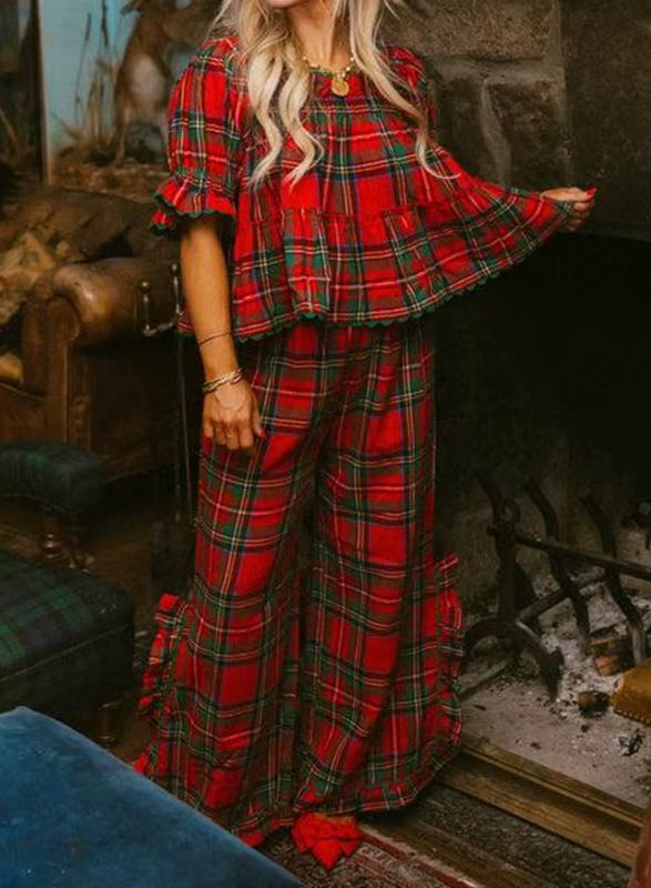 Women's Christmas Plaid Ruffle Puff Sleeve Pajamas Set (Buy 2 Free Shipping)
