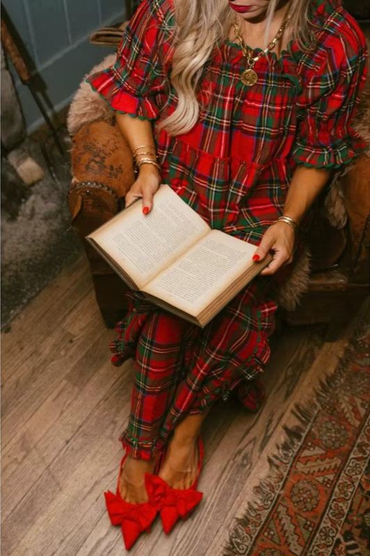 Women's Christmas Plaid Ruffle Puff Sleeve Pajamas Set (Buy 2 Free Shipping)