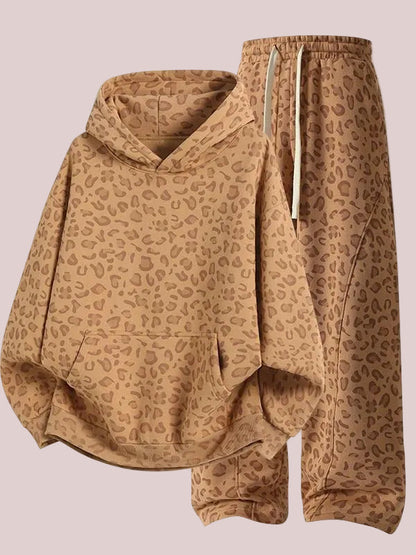 Women's Leopard Print Oversized Hoodie & Wide Leg Sweatpants Set
