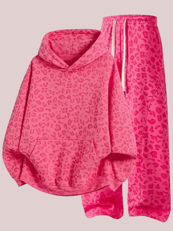 Women's Leopard Print Oversized Hoodie & Wide Leg Sweatpants Set