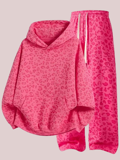 Women's Leopard Print Oversized Hoodie & Wide Leg Sweatpants Set
