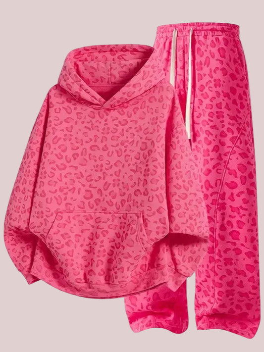 Women's Leopard Print Oversized Hoodie & Wide Leg Sweatpants Set
