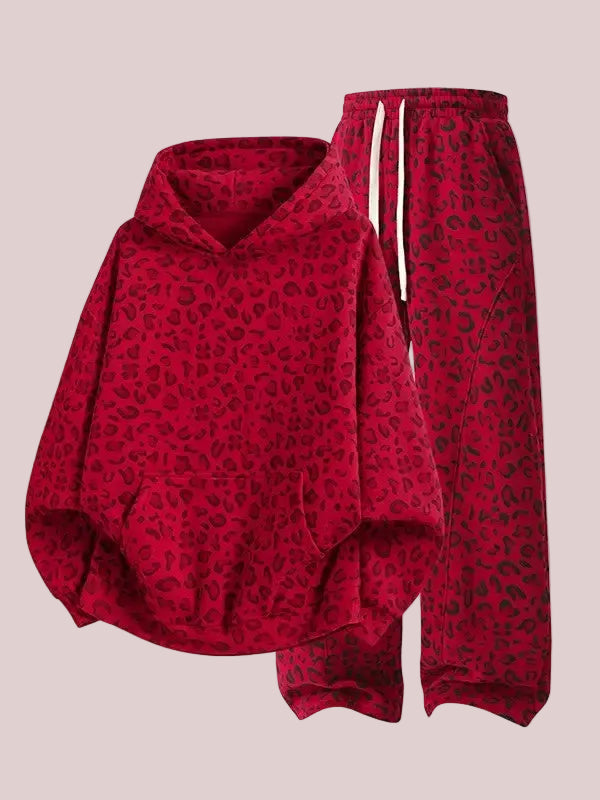 Women's Leopard Print Oversized Hoodie & Wide Leg Sweatpants Set
