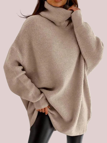 Women's Oversized Cowl Neck Batwing Sleeve Long Knit Tunic Sweater