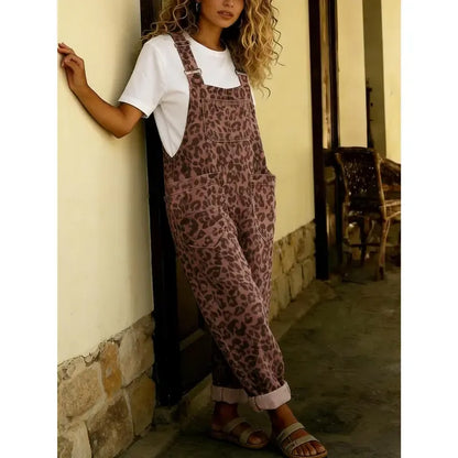 Women's Vintage Leopard Print Adjustable Strap Overalls