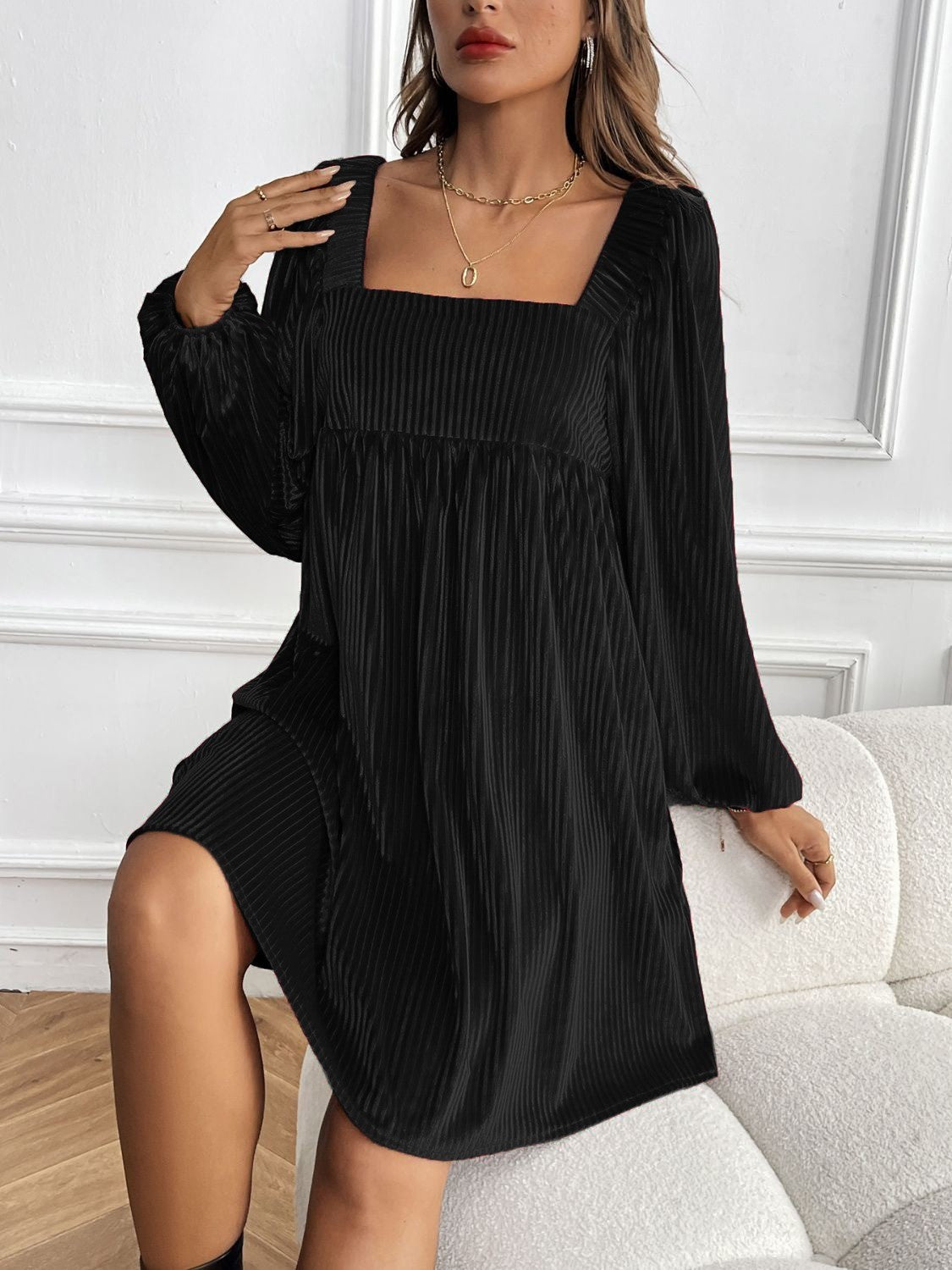 Women's Square Neck Tie Back Ribbed Dress (Buy 2 Free Shipping)